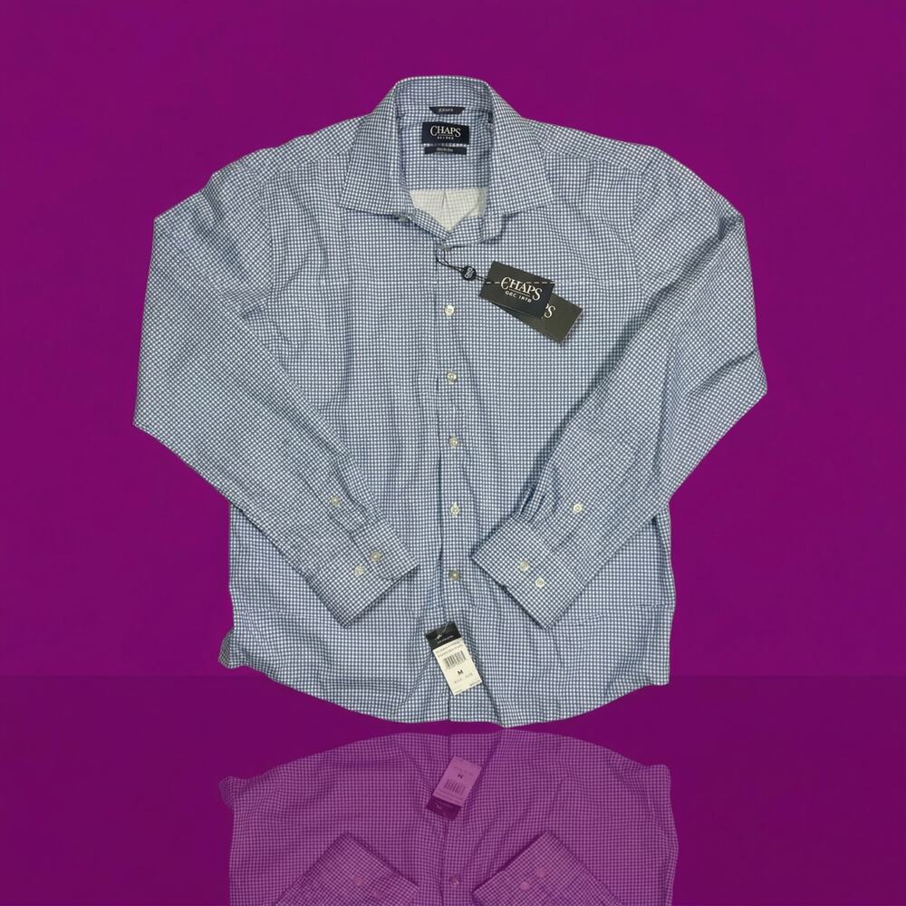 NWT Chaps Men's Medium Button Down Shirt, Blue & White Micro-Check, Slim Fit